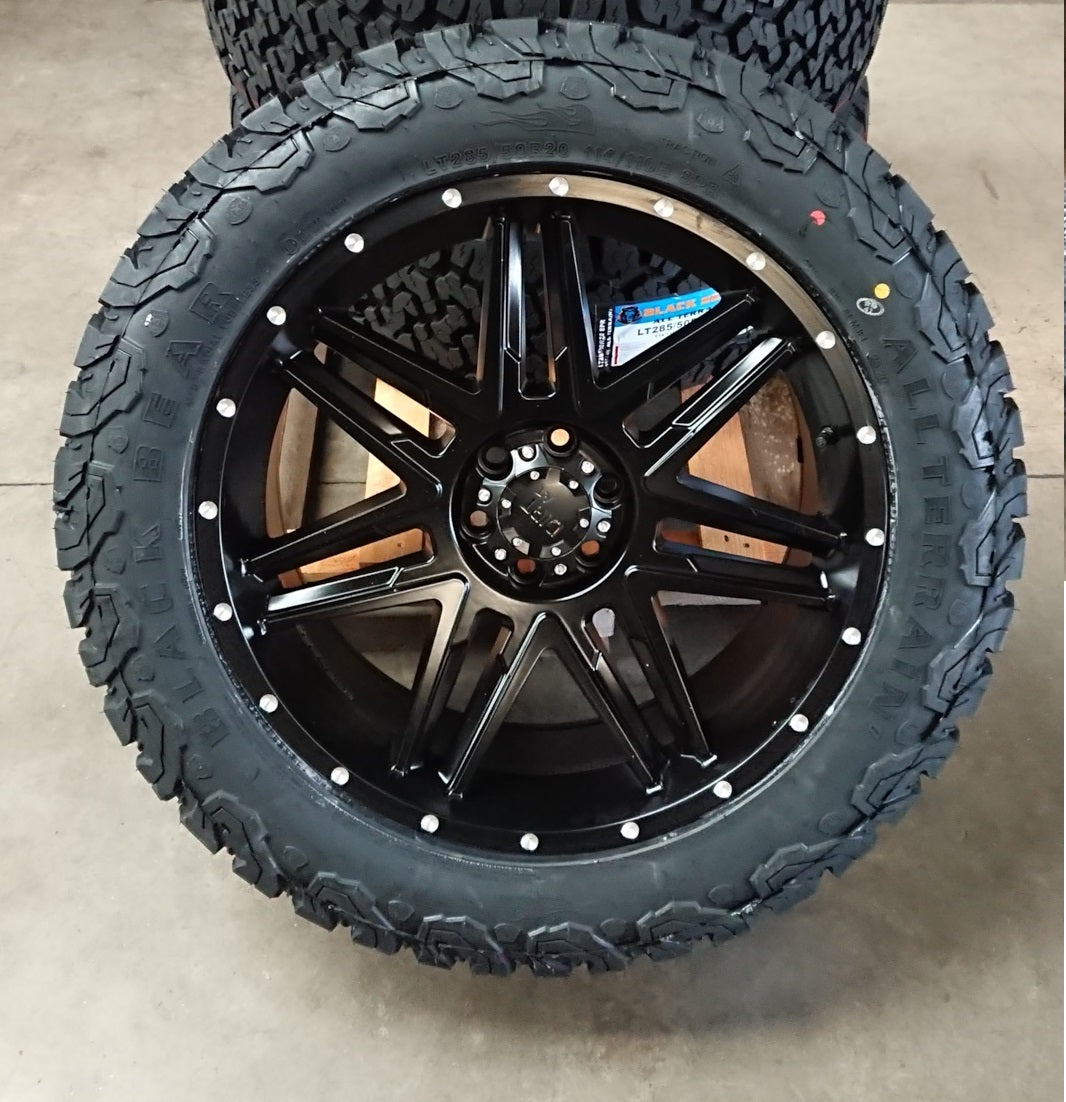 4x rims Dirt D62 9x20 ET25 6x114.3 + 4x tires Black Bear AT2 285/50/20